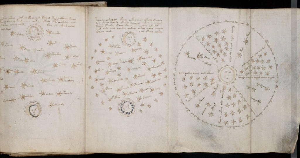 Pagini deschise din Manuscrisul lui Voynich cu ilustrații botanice și text criptat sub lumina lumânării