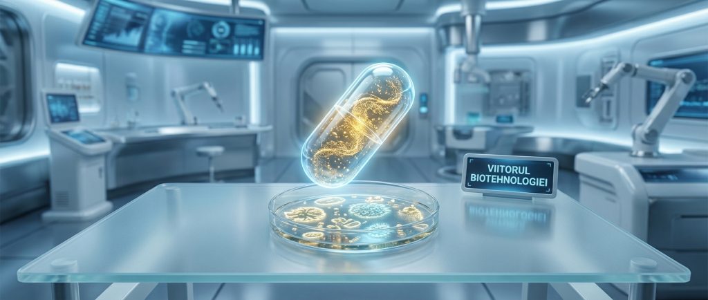 Capsula medicala futurista reprezentand transplant materii fecale si stiinta