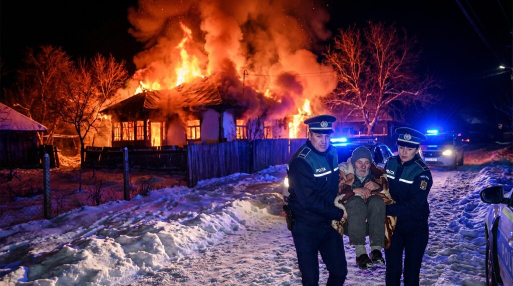 INCREDIBIL. Salvare la secundă în Uliești: Doi polițiști au scos un bătrân din foc înainte să explodeze trei butelii