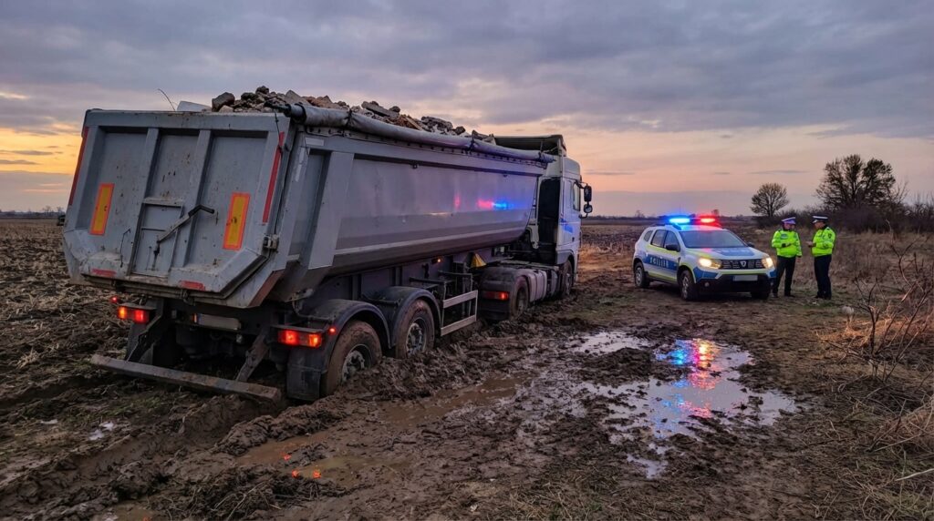 Incredibil: Un camion plin cu deșeuri a rămas înțepenit în pământ la Răscăieți chiar înainte să descarce ilegal